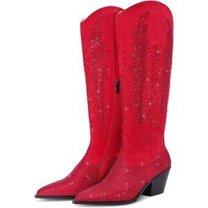 Women Polyurethane Red Knee High Pointed Toe Chunky Heel Rhinestone Tall Boot
